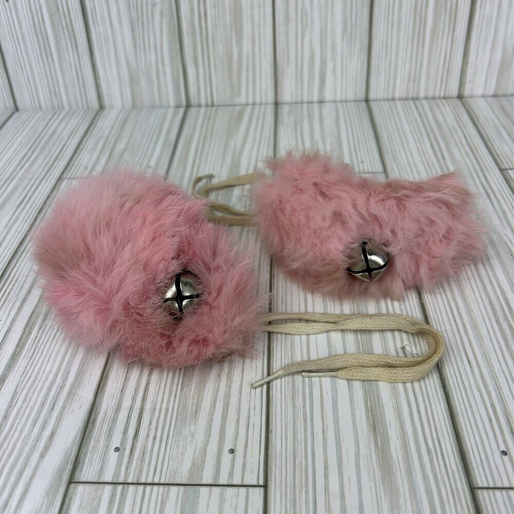 2 Pink Pom Poms Bells Vintage 50s 60s 70s 80s Roller Skate Laces Rabbit Fur